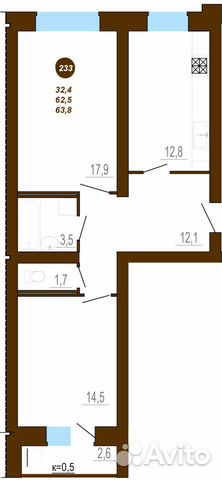 2-к квартира, 63.8 м², 9/10 эт.