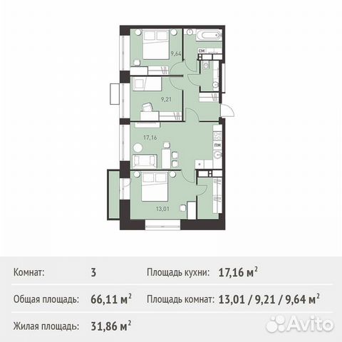 3-к квартира, 66.1 м², 15/17 эт. 3-к квартира, 66.1 м², 15/17 эт.