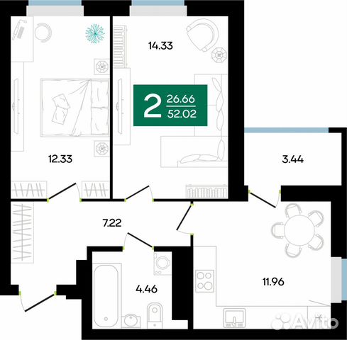 2-к квартира, 52 м², 2/9 эт. 2-к квартира, 52 м², 2/9 эт.