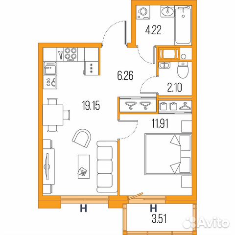 1-к квартира, 43.6 м², 15/22 эт.
