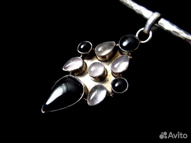 Винтаж Кулон Ожерелье Серебро Оникс Кварц Винтаж Кулон Ожерелье Серебро Оникс Кварц