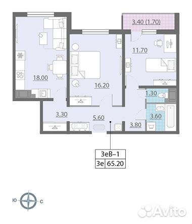 2-к квартира, 65.2 м², 13/21 эт.