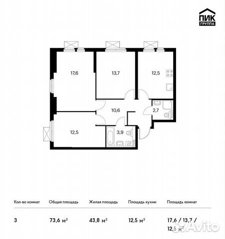 3-к квартира, 73.6 м², 29/31 эт.