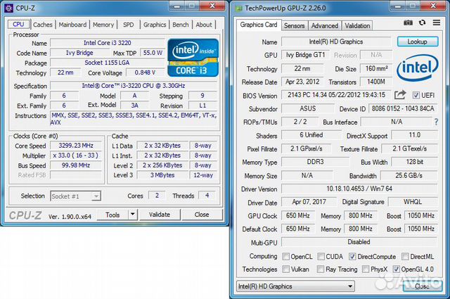 1155 Intel Core i3-3220 / 4 потока 3.3ghz