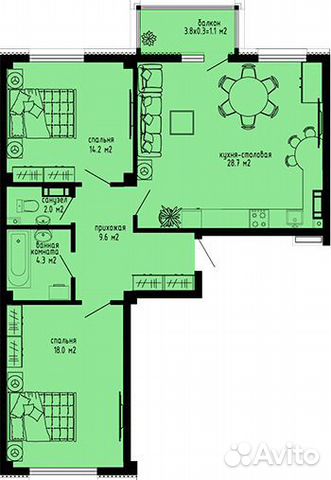 2-к квартира, 77.9 м², 4/8 эт.