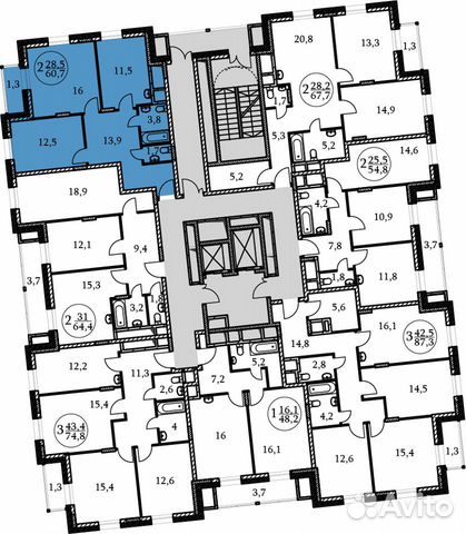 2-к квартира, 60.7 м², 2/17 эт.