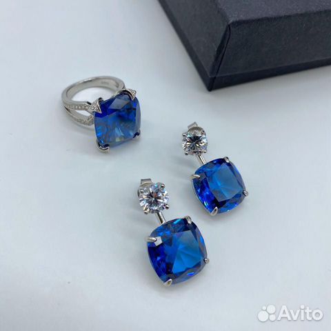 Серьги кольцо серебро синий камень graff Граф