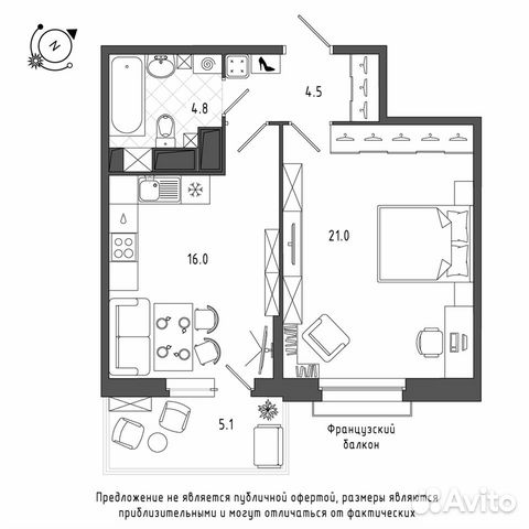 1-к квартира, 47.8 м², 5/12 эт.