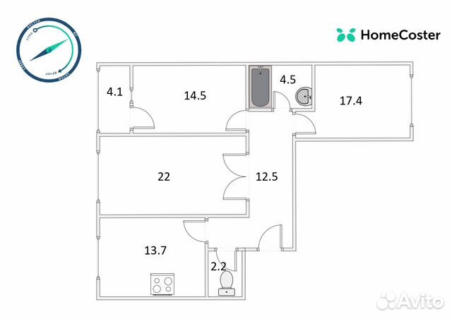 3-к квартира, 86 м², 4/10 эт.