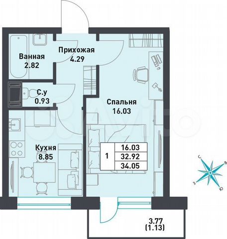 1-к. квартира, 34,1 м², 6/11 эт.