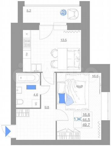 1-к. квартира, 49,7 м², 4/5 эт.