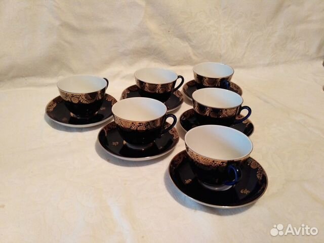 Чайный фарфоровый сервиз кобальт. Колосок лфз