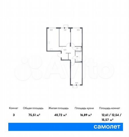 3-к. квартира, 75,5 м², 12/14 эт.