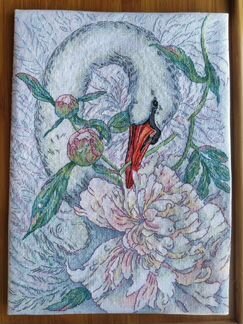 Картина, вышивка крестом, лебедь, пионы