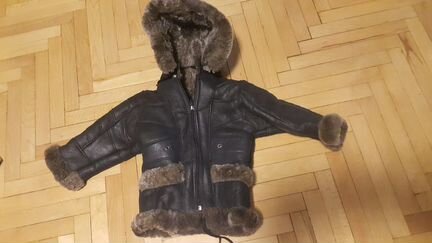 Дубленка детская коричневая с капюшоном