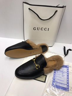 Мюли кожаные гуччи черные с мехом