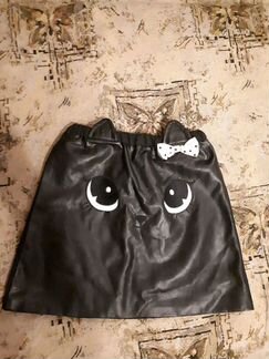 Юбка черная с кожаной вставкой на девочку 134см