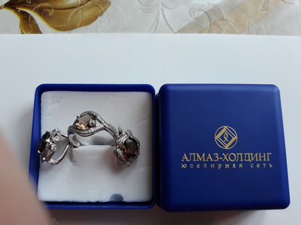 Серьги+кольцо - серебро с раухтопазами и фианитами