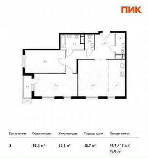 3-к квартира, 93.4 м², 12/24 эт.