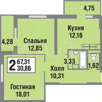 2-к квартира, 67.3 м², 19/24 эт.
