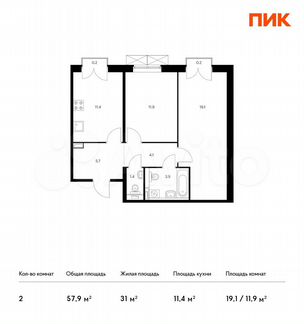 2-к квартира, 57.9 м², 8/9 эт.