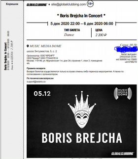 Билет (1шт) на Boris Brejcha 5.12