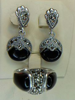 Серебро 925,Комплект с Чёрным Янтарём (Гагат)